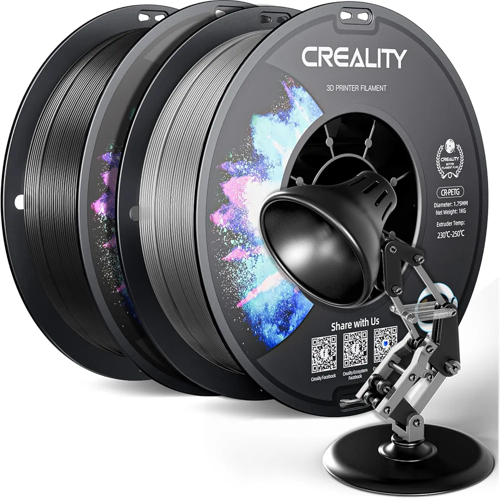 Official CR PETG 3D Printer Filament 1.75mm Bundle 2KG (4.4lbs), High Precision, Strong Toughness, Odorless, Better Flow Moistureproof 3D Printing Ender Filament, Black+Grey