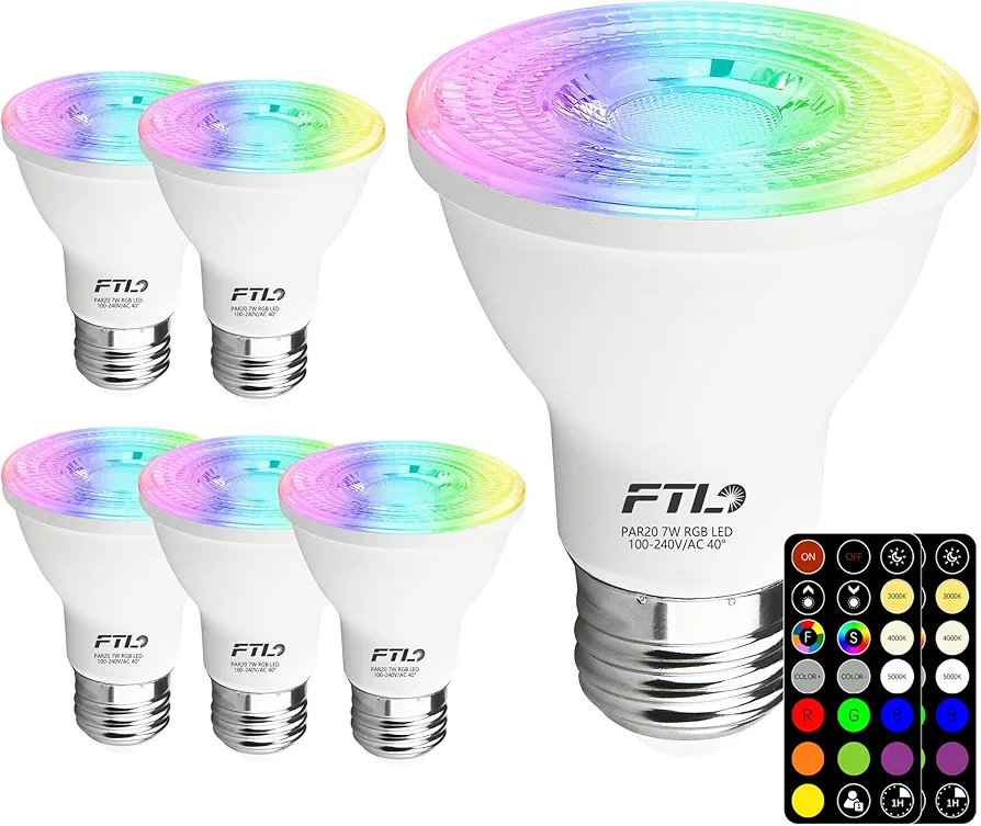 FTL PAR20 RGB LED Bulbs Color Changing Light Bulbs, Colored Bulbs 2700K-6000K 7W 60W Equivalent Dimmable with Remote Control, Timer,30 Colors, Flood Light for Track Recessed Lighting, 6-Pack