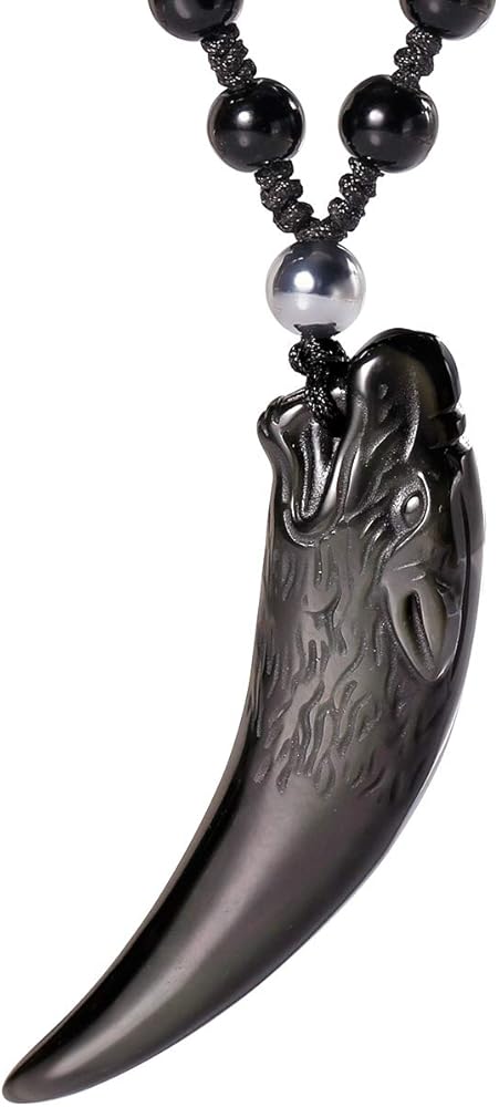 Jewever Black Obsidian Simple Style Wolf Tooth Necklace Natural Stone Healing Crystal Pendant with Extend Bead Chain Unisex