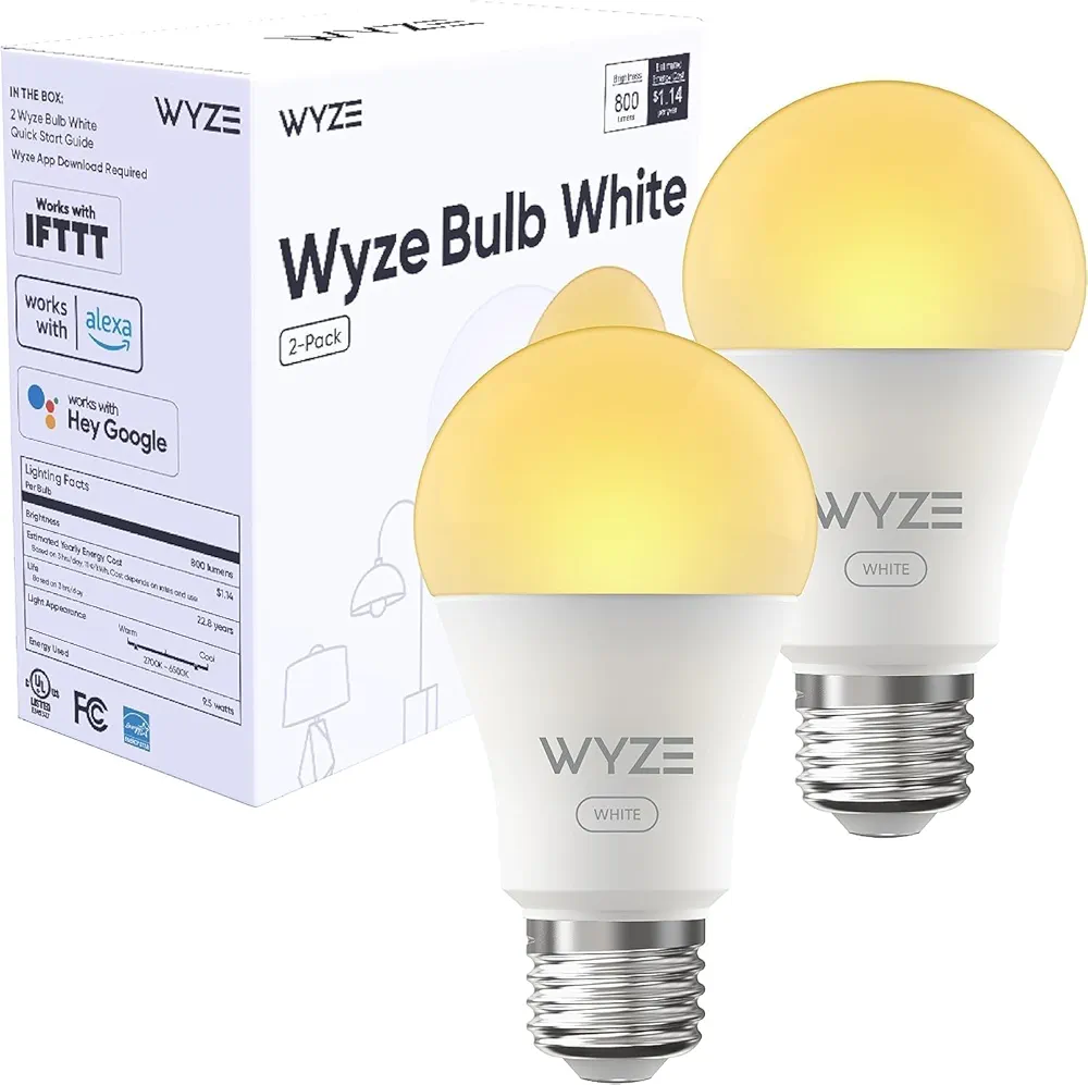 Bulb White, 800LM A19 Tunable-White Wi-Fi Smart Light Bulb, Work with Alexa and Google Assistant, 2.4GHz, No Hub Required, 2700K - 6500K, Dimmable, 90+CRI, Timer & Group, 2-Pack