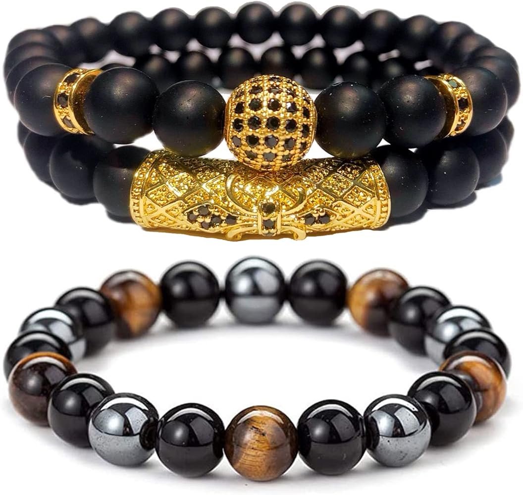 HEFFY 8mm 3 Pcs Tiger Eye Bracelet Black Matte Onyx Cool Stone Beads Bracelet Elastic Natural Stone Yoga Bracelet Natural Stone Bracelets Set for Women Men, 8 inch