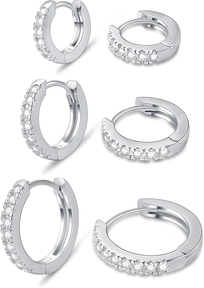 micuco 3 Pairs Small Hoop Earrings Tiny Cartilage Earrings for Women Cubic Zirconia Earrings Huggie Hoop Ear Piercing Earrings for Men 8mm 10mm 12mm
