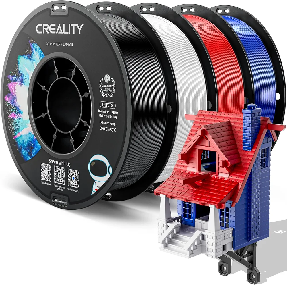 Official CR PETG 3D Printer Filament 1.75mm Bundle 4KG (8.8lbs), High Precision, Strong Toughness, Odorless, Better Flow Moistureproof 3D Printing Ender Filament, Black+White+Red+Blue