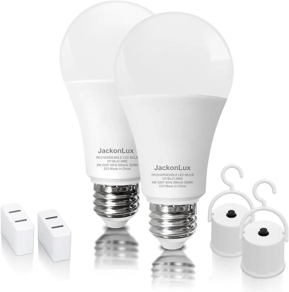 Rechargeable Emergency LED Bulb JackonLux Multi-Function Battery Backup Emergency Light For Power Outage Camping Outdoor Activity Hurricane 9W 850LM 60W Equivalent Soft White 3000K E26 120 Volt 2 Pack