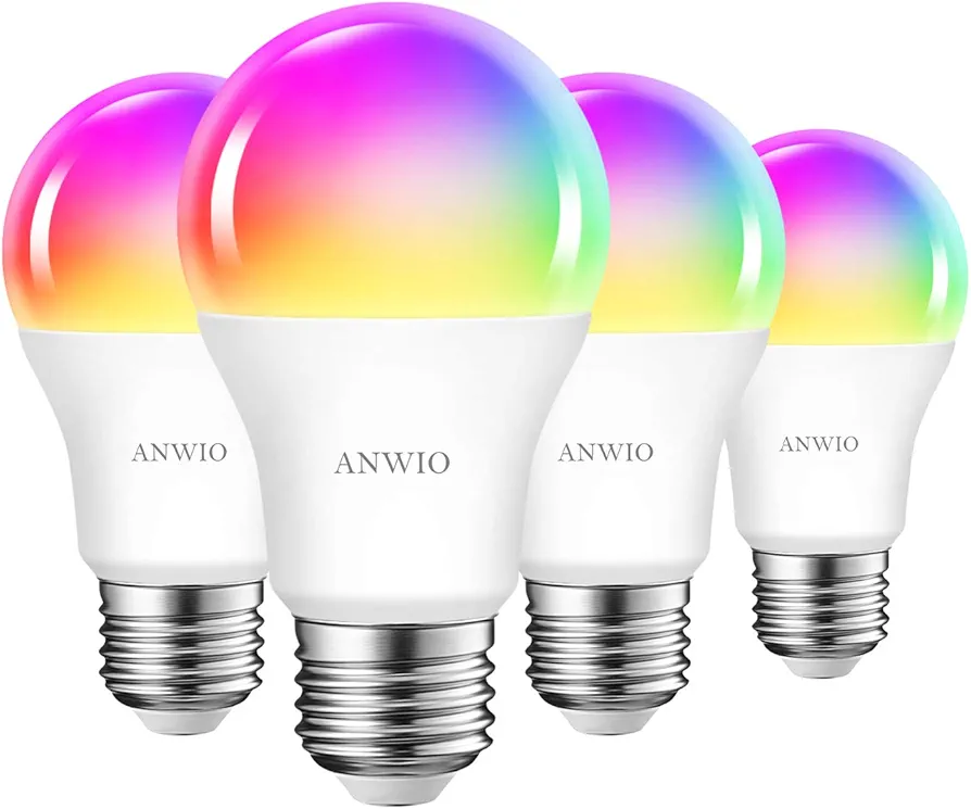 ANWIO 4-Pack Smart Light Bulbs 8.5W (60W Replacement) A19 E26 LED Bulb Work with Alexa, Google Assistant, Smart Life App, Tuya App, Color Changing, No Hub Required