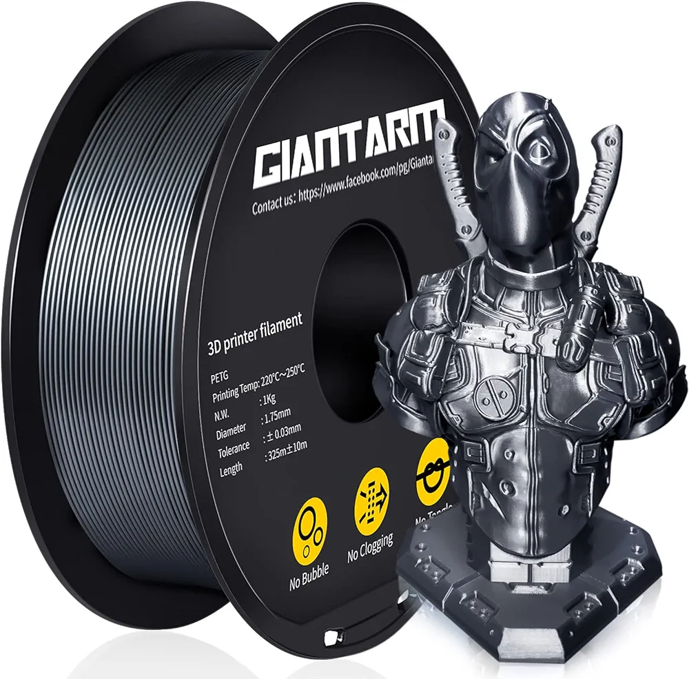 GIANTARM Silver PETG 3D Printer Filament Toughness Enhanced 1kg (2.2lbs), 1.75mm Dimensional Accuracy +/-0.03mm, 1080 Feet（330m/Roll, Vacuum Package, Fit for Most 3D FDM Printer