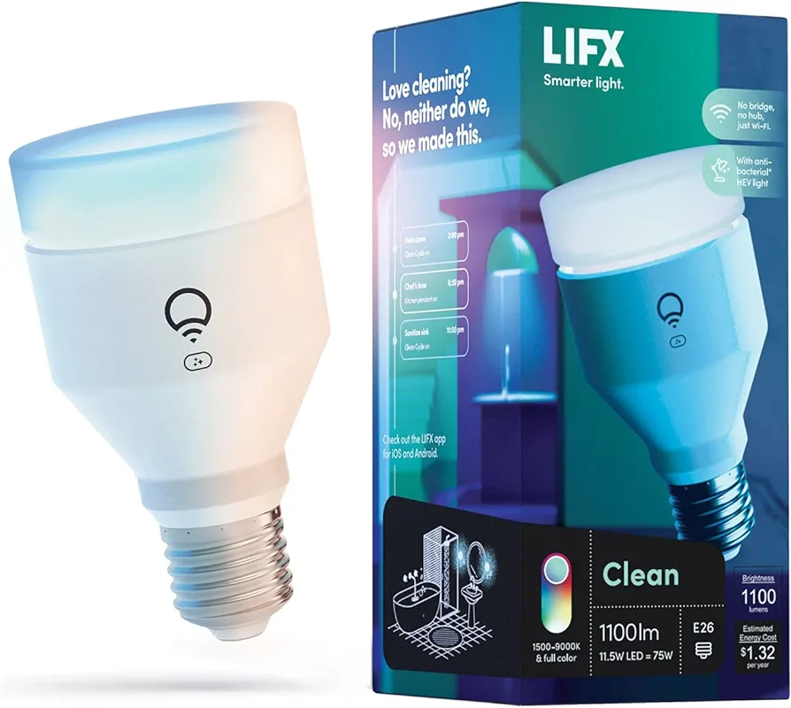 LIFX Color - Clean Edition, 1100 lumens, Wi-Fi Smart LED Light Bulb, Supercolor and Whites, No Bridge Required, Works with Alexa, Hey Google, HomeKit and Siri. HEV Antibacterial Function (1 Pack)