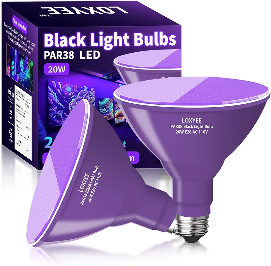 PAR38 Halloween LED Black Light Bulbs 2 Pack,E26 Base 20W(200W Equivalent) Black Light UVA Level 385-400nm, Glow in The Dark for Blacklight Party,Fluorescent Poster,Neon Glow,Body Paint