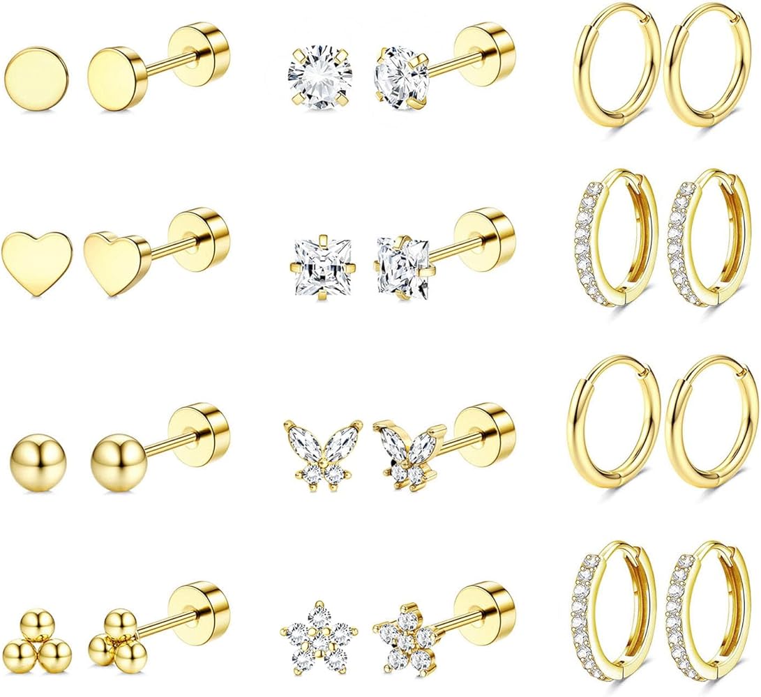 Jstyle Hypoallergenic Surgical Steel Earrings for Sensitive Ears 14K Gold Flat Back Earrings for Women Men Small Stainless Steel Earrings Flatback Stud Hoop Cartilage Earring Set for Multiple Piercing