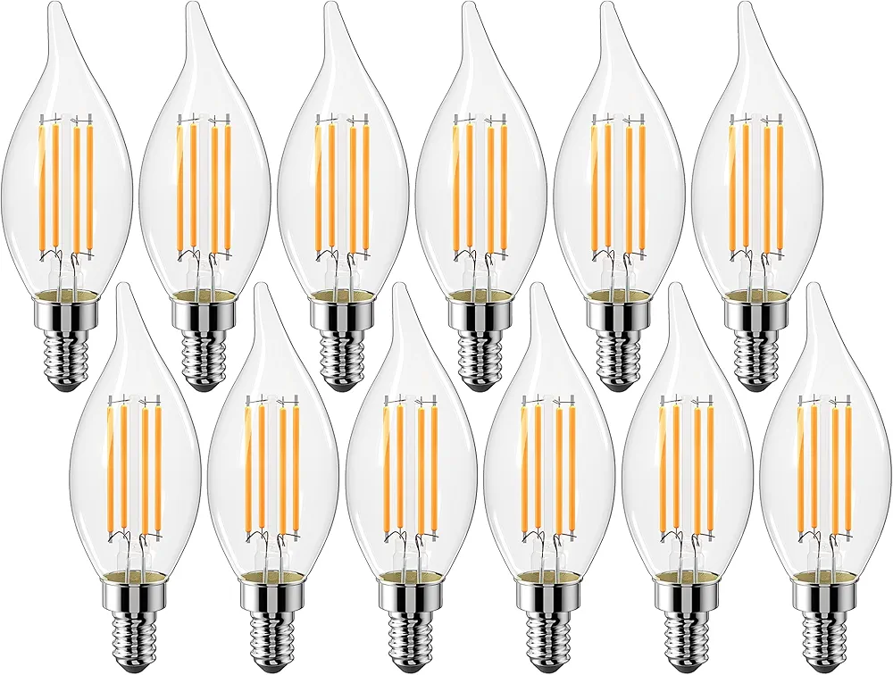 E12 Chandelier Bulb 60 watt Equivalent, Dimmable LED Candelabra Light Bulbs 6W, 2700K Warm White 650 Lumen Lightbulbs, CA11, UL Listed, Pack of 12