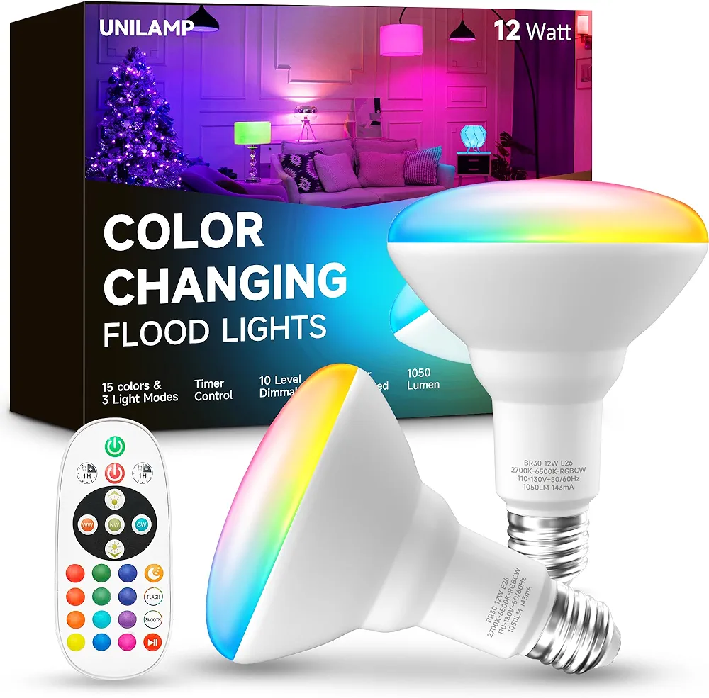 BR30 Color Changing Light Bulb, LED Flood Lights 12W Dimmable, 100W Equivalent, RGB+2700K+4000K+6500K, Remote Control, 1050LM, E26 Multi-Color Can Light Bulbs for Ceiling, 2 Pack