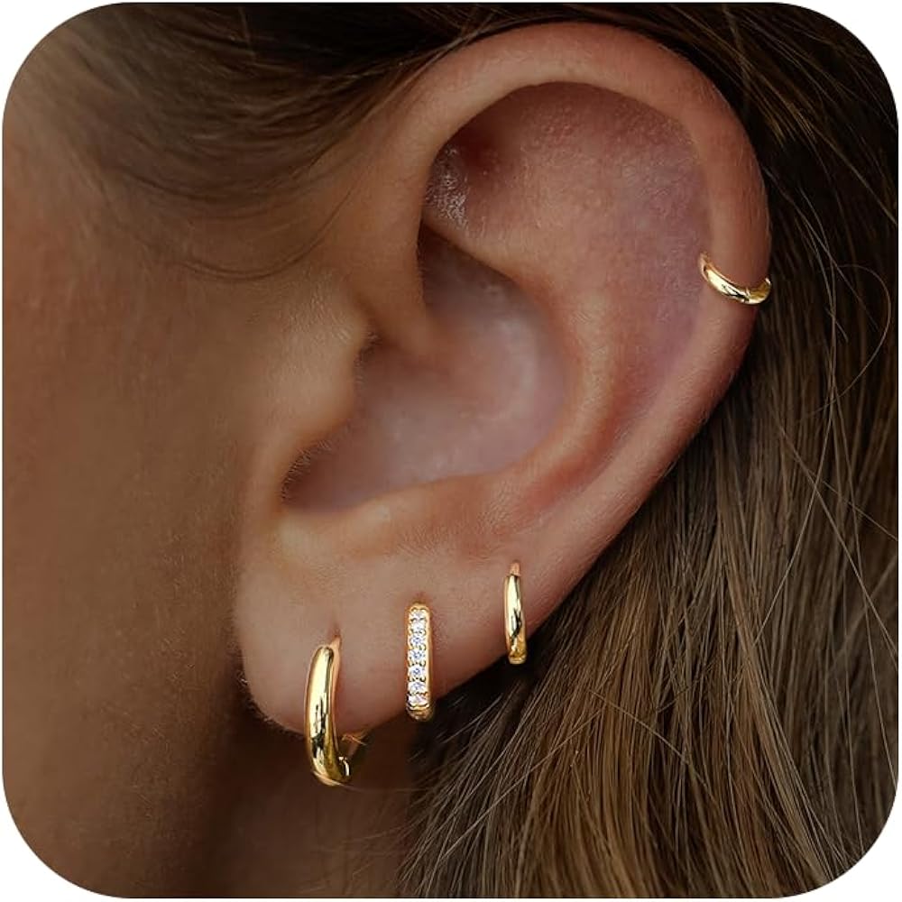Small Gold Huggie Hoop Earrings Set for Women Men - Hypoallergenic 14K Gold Plated Stack Cartilage Earring, Earrings Sets for Multiple Piercing Lightweight Mini Thin Cute Dainty Trendy Clip On Jewelry