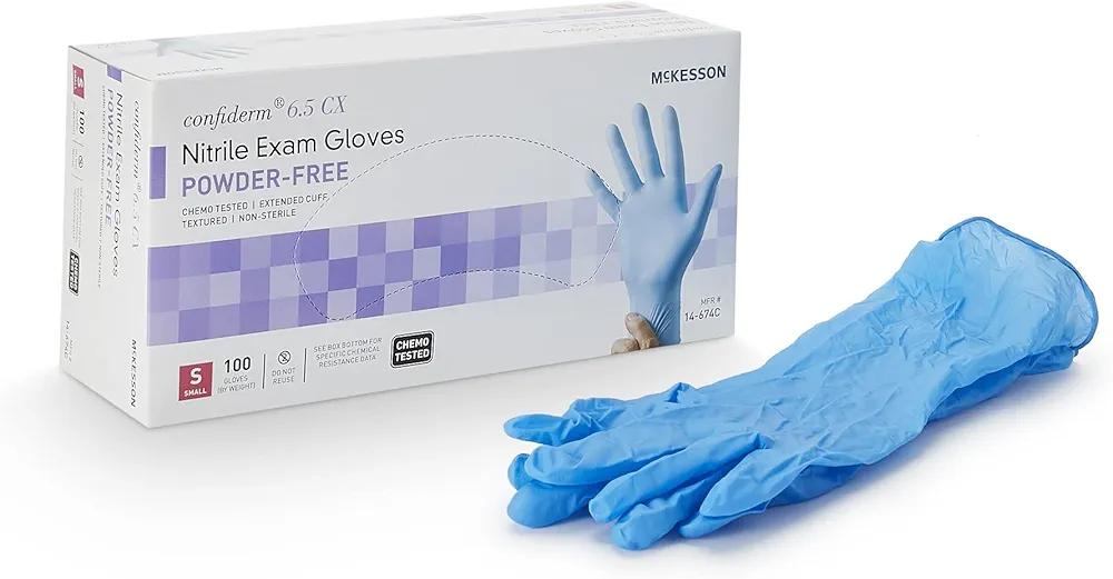 McKesson Confiderm 6.5CX Nitrile Exam Gloves - Powder-Free, Latex-Free, Ambidextrous, Texture, Chemo Tested, Non-Sterile - Light Blue, Extended Cuff, Size Small, 100 Count, 1 Box