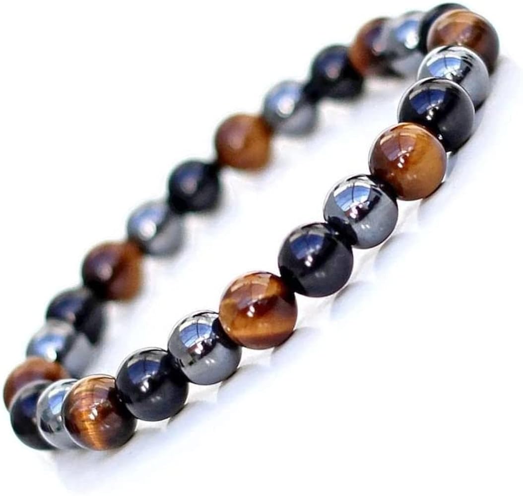 A-One Crystal Triple Protection Bracelet Natural Hematite, Tiger Eye, Black Obsidian Gemstone Crystal Beads Stretch Bracelet to Bring Luck and Prosperity for Men and Women, 8MM, Original Natural Semi