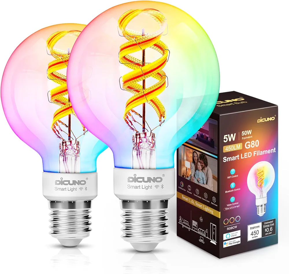 DiCUNO Smart Edison Bulb G80, Color Changing WiFi Smart Light Bulb, Vinatge Globe Filament Bulb Work with Alexa & Google, Dimmable with App, 50 Watt Equivalent 450LM, No Hub Required, 2 Pack
