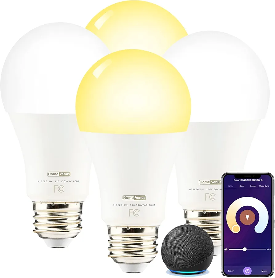 Homevenus HVS Smart Light Bulbs,9W A19 E26 Dimmable Tunable Cool Warm White LED Light Bulb 2500k-6500k, APP Control 2.4GHz WiFi Bluetooth Assist Connection, Work with Alexa/Google Assistant 4 Pack