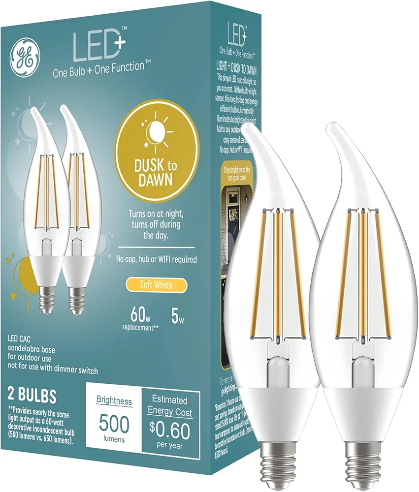GE LED+ Dusk to Dawn LED Light Bulbs, Automatic On/Off Outdoor Security Lights, Soft White, E12 Candelabra Base (2 Pack)