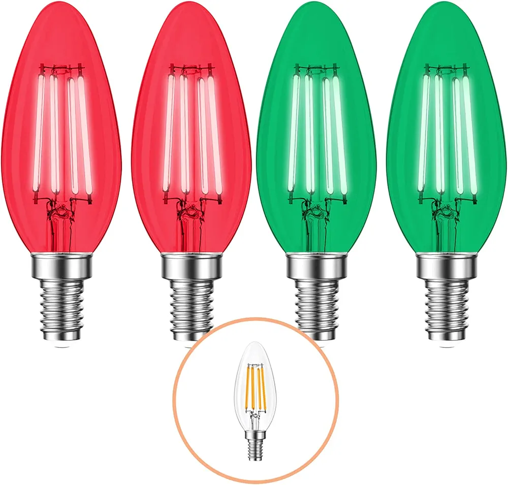 4 Pack Filament E12 Candelabra LED Christmas Light Bulbs - 4W 40 Watt Equivalent E12 Candelabra Base - Vintage LED Decor Red Light Bulbs Green Light Bulbs Party Christmas Lights