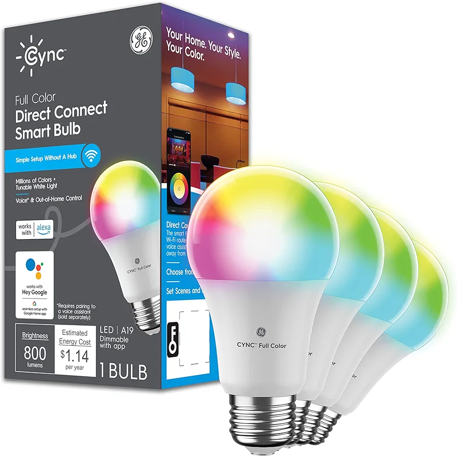 GE CYNC Smart LED Light Bulbs, Color Changing, Bluetooth and Wi-Fi Enabled, Alexa and Google Assistant Compatible, A19 Light Bulbs (4 Pack), 9.5 W
