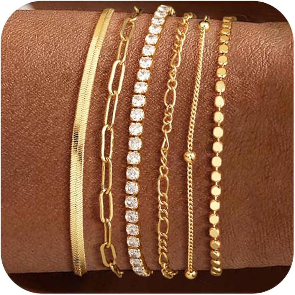 DEARMAY Waterproof Gold Bracelets Set for Women Trendy, Dainty 14K Real Gold Plated Jewelry Fashion Stackable Tennis Beaded Figaro Herringbone Paperclip Link Bracelet Pack Stack Gifts for Women