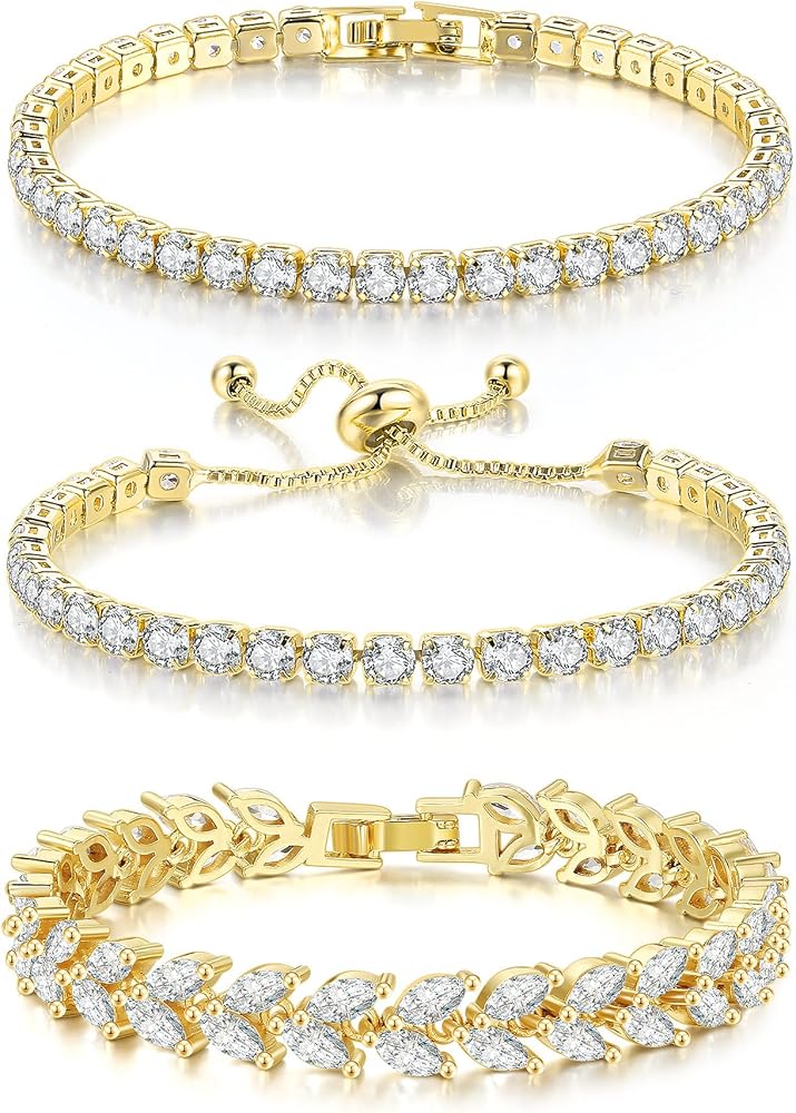 3 Pcs Tennis Bracelet Set 14K Gold Plated Marquise Cubic Zirconia CZ Diamond Dainty Adjustable Silver Bracelets for Women Brides Stackable Fashion Jewelry Wedding Prom Gift
