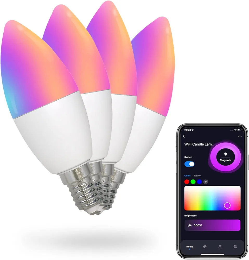 MoesGo Smart Candelabra Led Light Bulbs, WiFi E12 Smart Bulbs, 2700K-6500K CW& RGB Dimmable, Smart Life/Tuya APP Remote Control, Work with Alexa/Google Home, 470lm 5W (40W Equivalent) 4 Pack No Hub