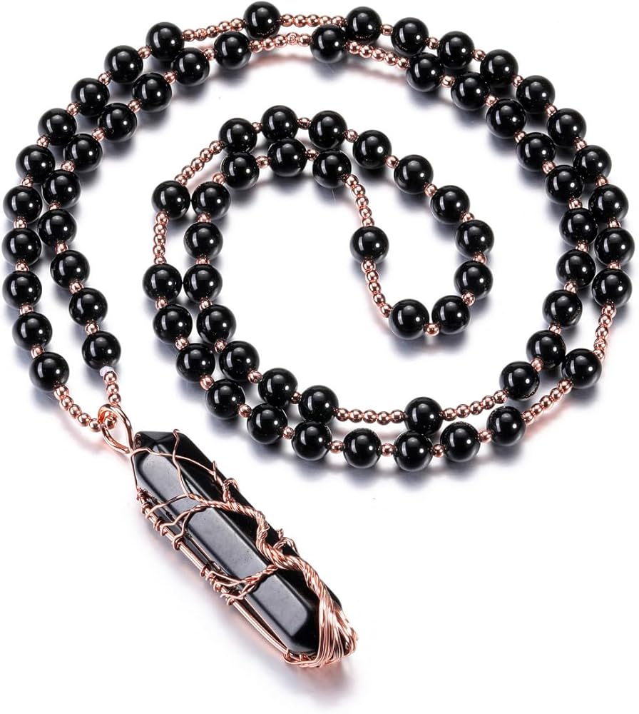 CrystalTears Healing Crystal Necklace for Women Tree Life Wire Wrapped Quartz Crystal Point Stone Pendant Necklace Gemstone Beaded Necklace Jewelry Crystal Gifts for Women Mom