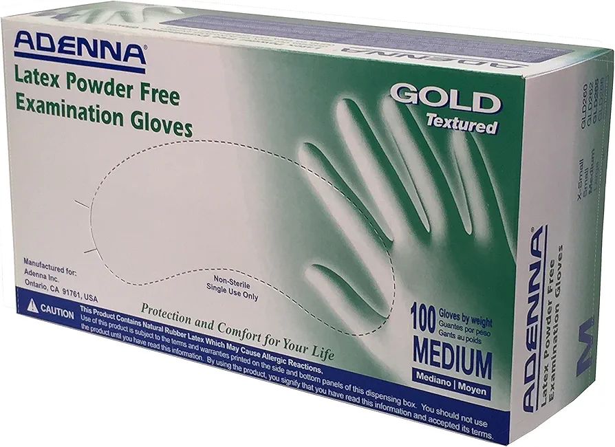 Adenna GLD265 Gold 6 mil Powder-Free Latex Gloves, Medical Grade, White, Medium, Box of 100
