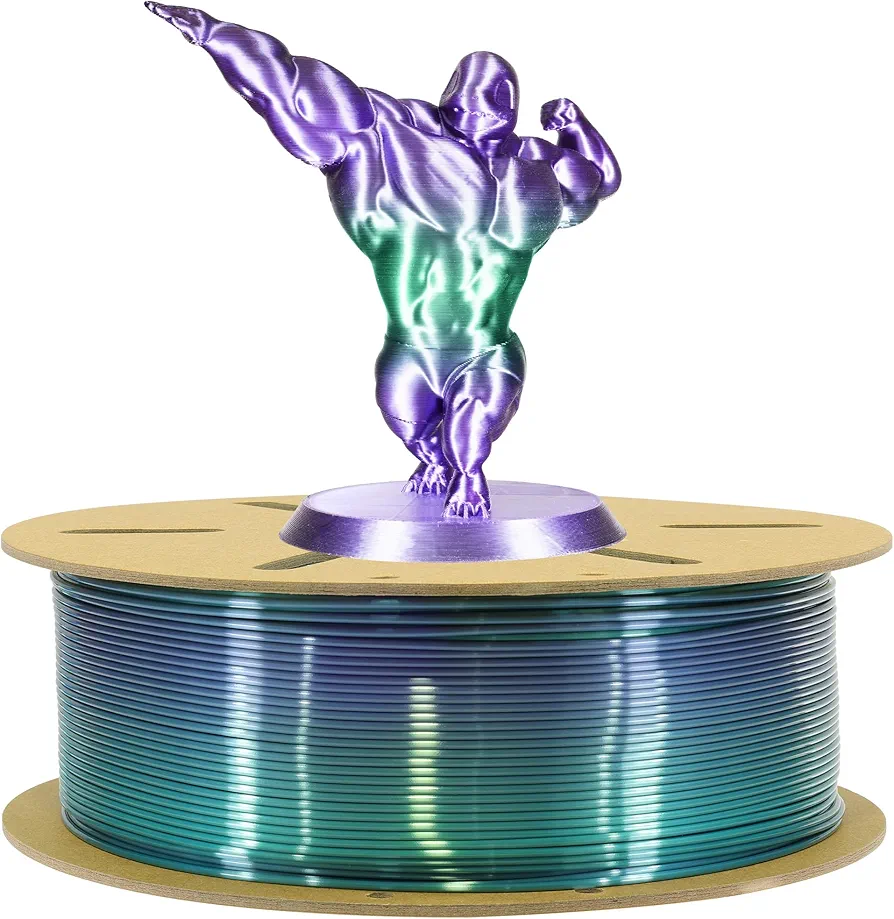 Silk PLA Purple to Green 2 Color Change 3D Printer Filament, Tidy Winding Silk 2 Color Gradient Transfer Multi Colored Silk PLA, 1.75mm 1KG Cardboard Spool PLA, Silk PLA Purple to Green