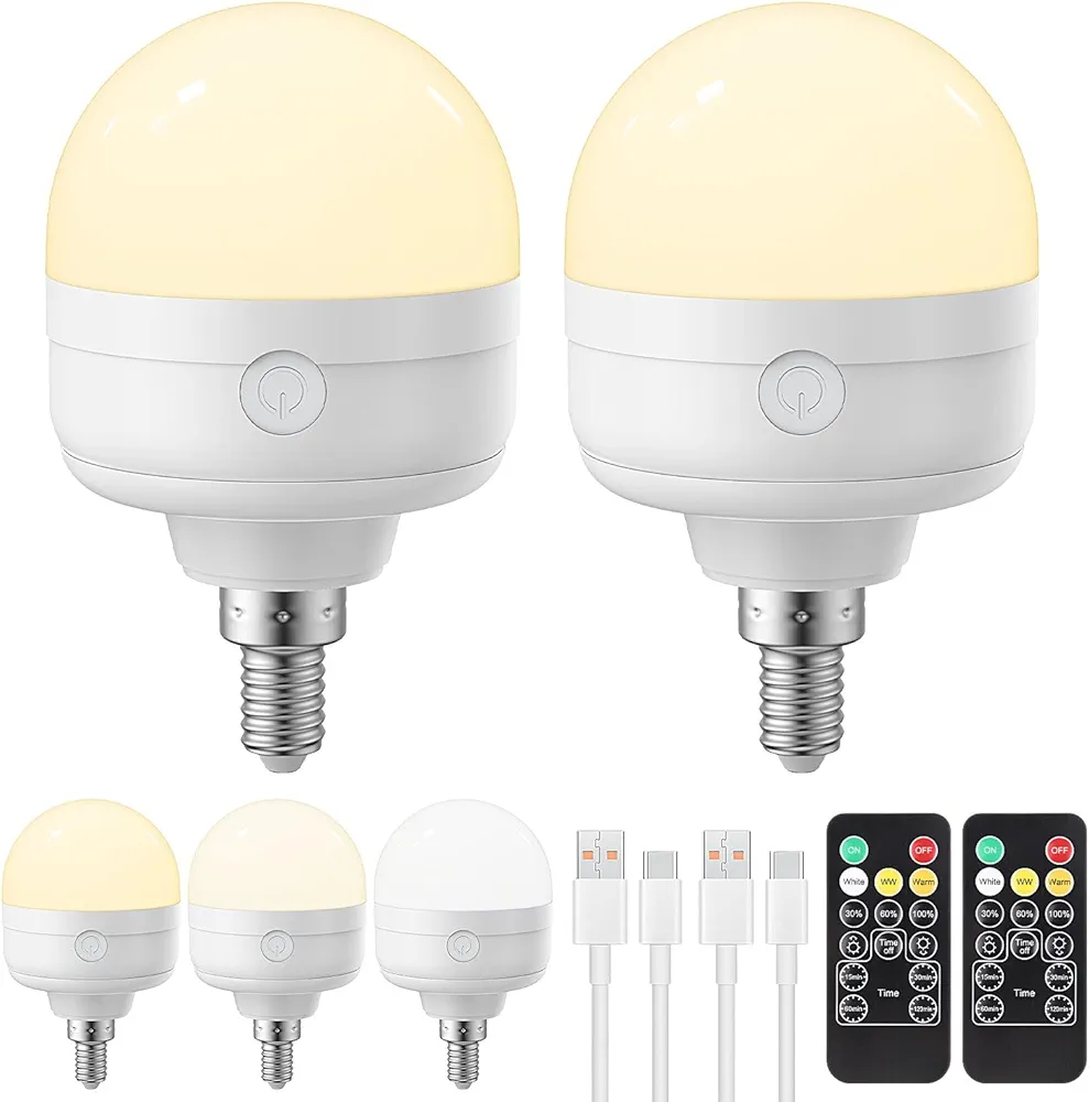 Rechargeable Light Bulbs with Remote Control Timer and 3 Color Temperature Options,Rechargeable Wall Sconce Puck Lights Battery Operated with Remote (E12, 2)