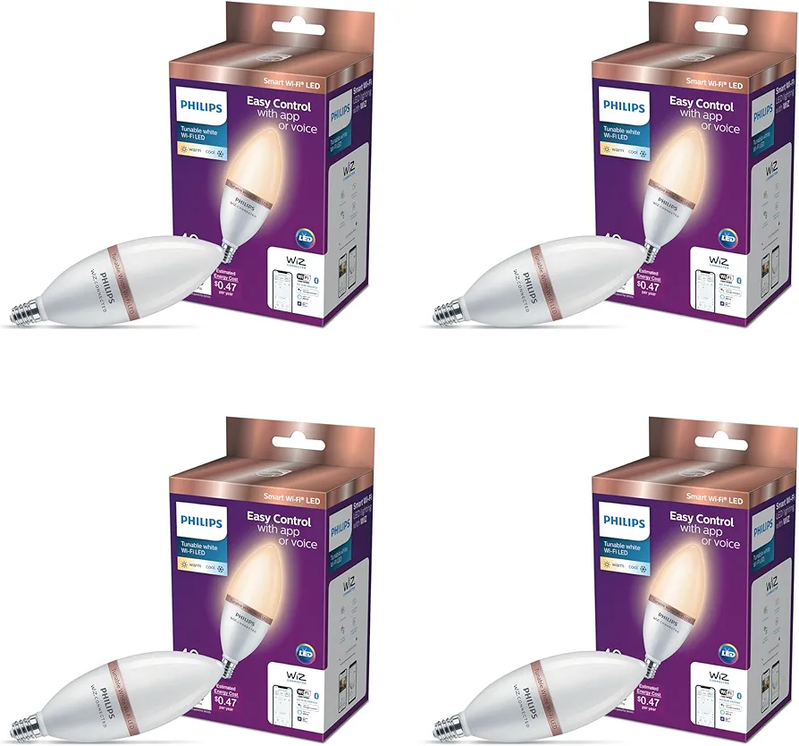 PHILIPS 40-Watt Equivalent B12 LED Smart Wi-Fi Tuneable White Light Bulb Powered by WiZ with Bluetooth (4-Pack)