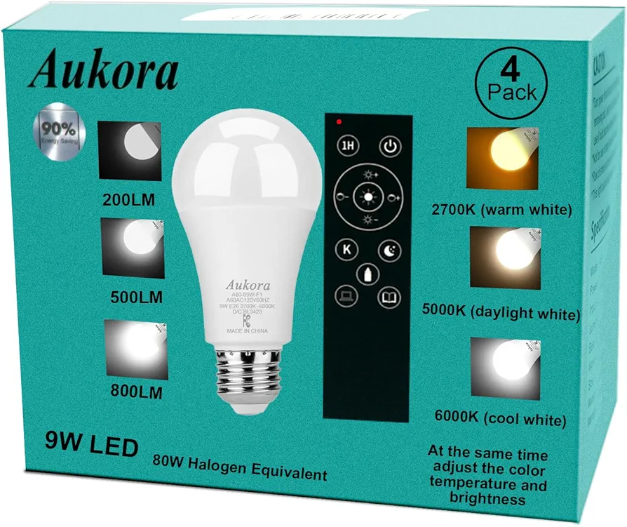 Aukora Led Light Bulbs, Floor Lamp Replacement Bulbs Indoor, Remote Control stepless Regulation Color Temperature (2700K-6000K) ＆ Lumen (80LM-800LM), 9W E26 A19 UL Listed dimmable Light Bulbs 4 Pack