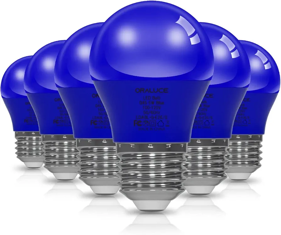 ORALUCE Blue Porch Light Bulb 40 Watt Equivalent,A15 LED Bulbs for Halloween Christmas Party Decoration and Lighting,Colored Light Bulb with E26 Base,5W 450LM Non-Dimmable,6 Pack.