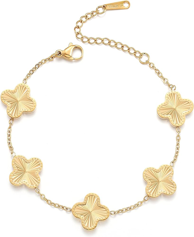 18K Gold Plated Clover Bracelet Dupes Gold Lucky Bracelet for Women Flower Four Leaf Bracelets Jewelry Gifts for Women