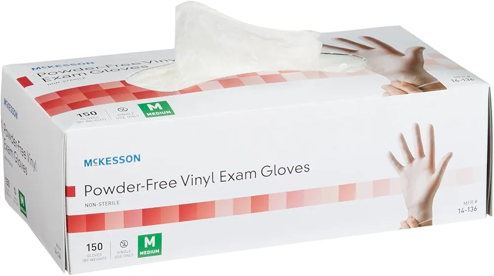 McKesson Powder-Free, Vinyl Exam Gloves, Non-Sterile, Medium, 150 Count, 1 Box