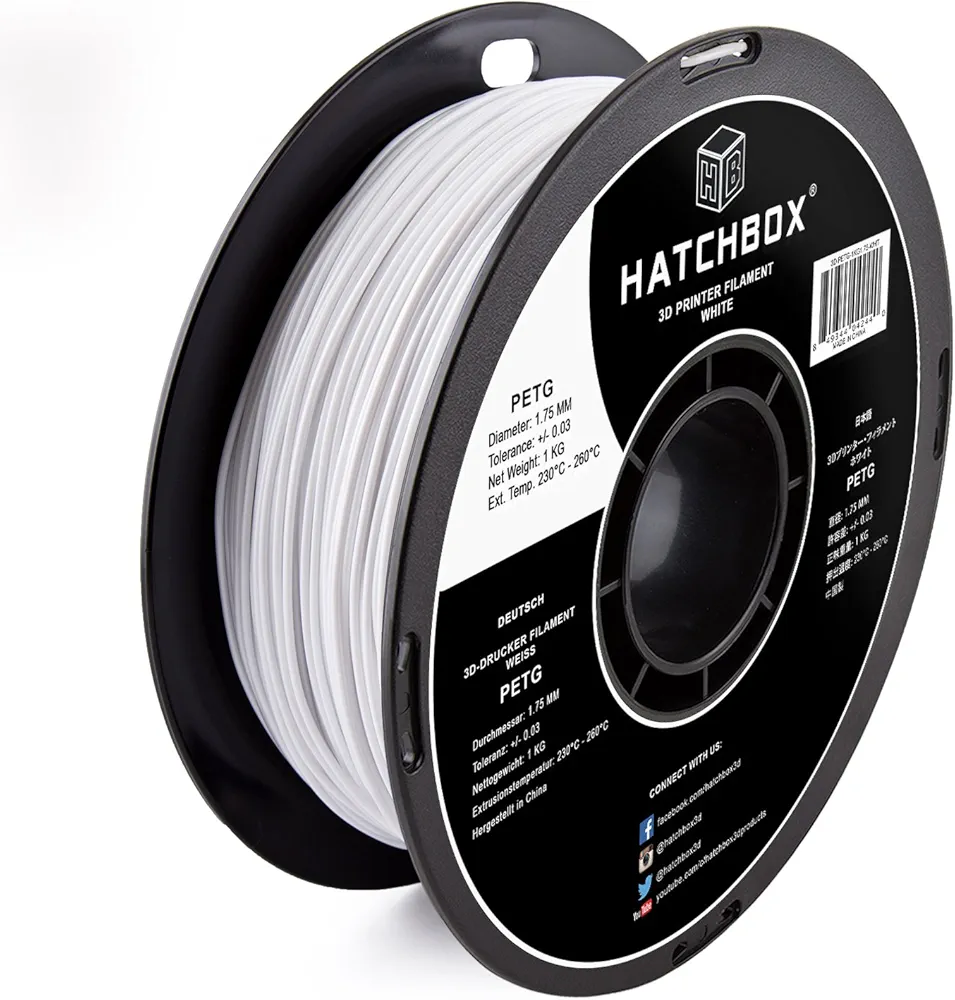 HATCHBOX PETG 3D Printer Filament, Dimensional Accuracy +/- 0.03 mm, 1 kg Spool, 1.75 mm, White