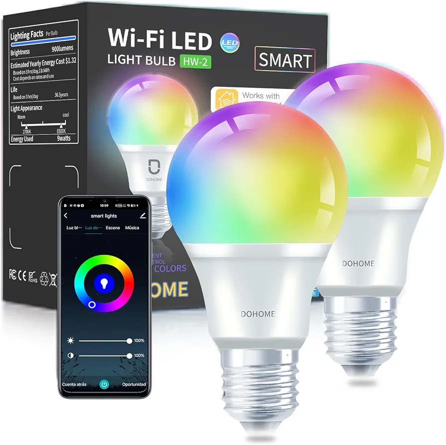 led Smart Light Bulbs, Homekit Smart Bulb 9W 900LM Work with Alexa, Apple Home, Google Home 2.4GHz WiFi Bluetooth Light Bulb A19 E26 RGBWW Color Changing Dimmable LED Light Bulb 2Pack