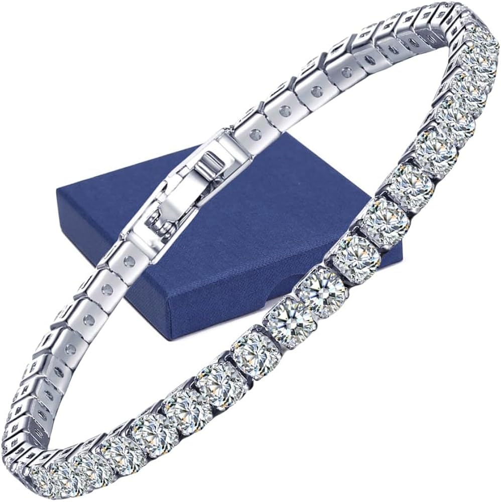 14K White Gold Plated 5mm Cubic Zirconia Tennis Bracelet for Women and Men, Classic Silver Diamond Tennis Bangle Bracelets, Adjustable Detachable 7.6IN Length, Suitable for Everyone