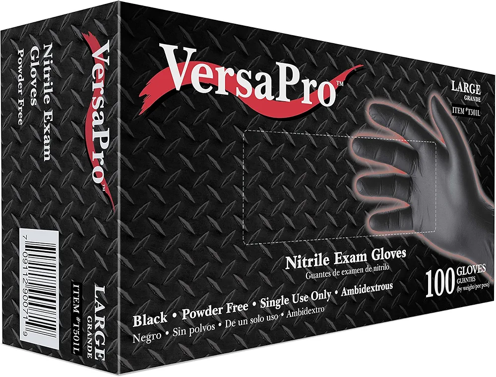 Black Nitrile Exam Gloves, Heavy-Duty, Powder-Free, Large, Box/100