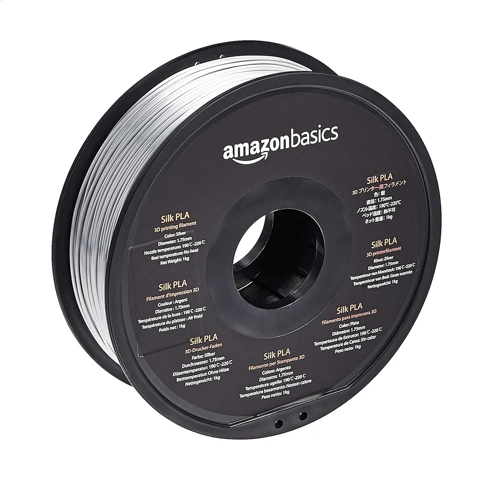Amazon Basics SILK PLA 3D Printer Filament, 1.75 mm, Silver, 1 kg Spool (2.2 lbs)
