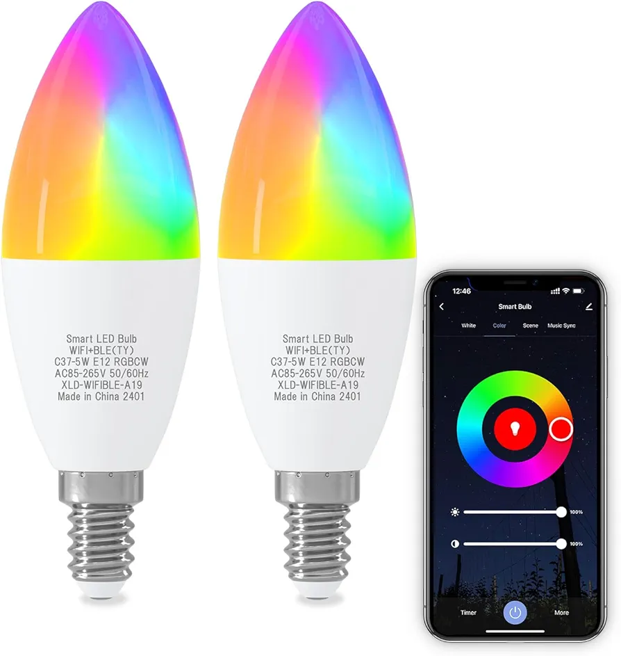 ORALUCE Smart Light Bulb Work with Alexa & Google Home, C37 E12 LED Light Bulb 40W Equivalent, 2.4GHz WiFi & Bluetooth Color Changing APP Dimmable, Multicolor LED Bulb 450 Lumens,2P