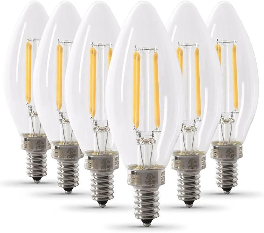 Feit Electric 60W Equivalent Candelabra LED Light Bulb, Dimmable, E12 Base, 2700K Soft White, B10 Filament Torpedo Tip Decorative Lighting Bulbs, 13-Year Lifetime, CTC60/927CA/FIL/6, 6-Pack