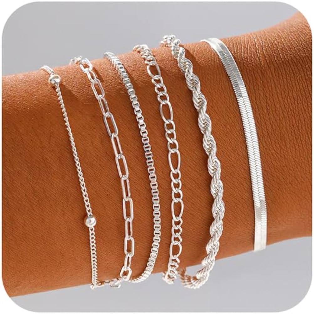 Gold/Silver Bracelets for Women,14K Real Gold Plated Bracelets Stack Trendy Jewelry Sets Stackable Snake Chain Figaro Paperclip Link Chain Adjustable Bracelet Pack Jewelry for Women
