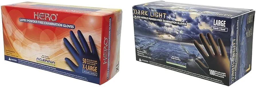 Adenna HER008 Hero 14 mil Powder-Free Latex Gloves, Extended Cuff, Medical Grade, Blue, X-Large, Box of 50 & Dark Light 9 mil Nitrile Powder Free Exam Gloves (Black), Large - Box of 100 (DLG676)