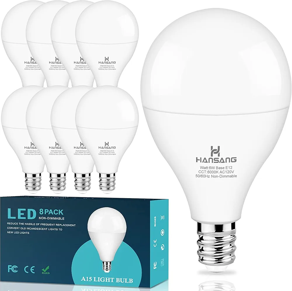 hansang 8 Pack Ceiling Fan Light Bulbs E12 Base, 60Watt Equivalent, 6000K Cool Daylight, A15 Small Candelabra Base Chandelier Bulbs, 600LM, 120V, CRI 85+, Non-dimmable