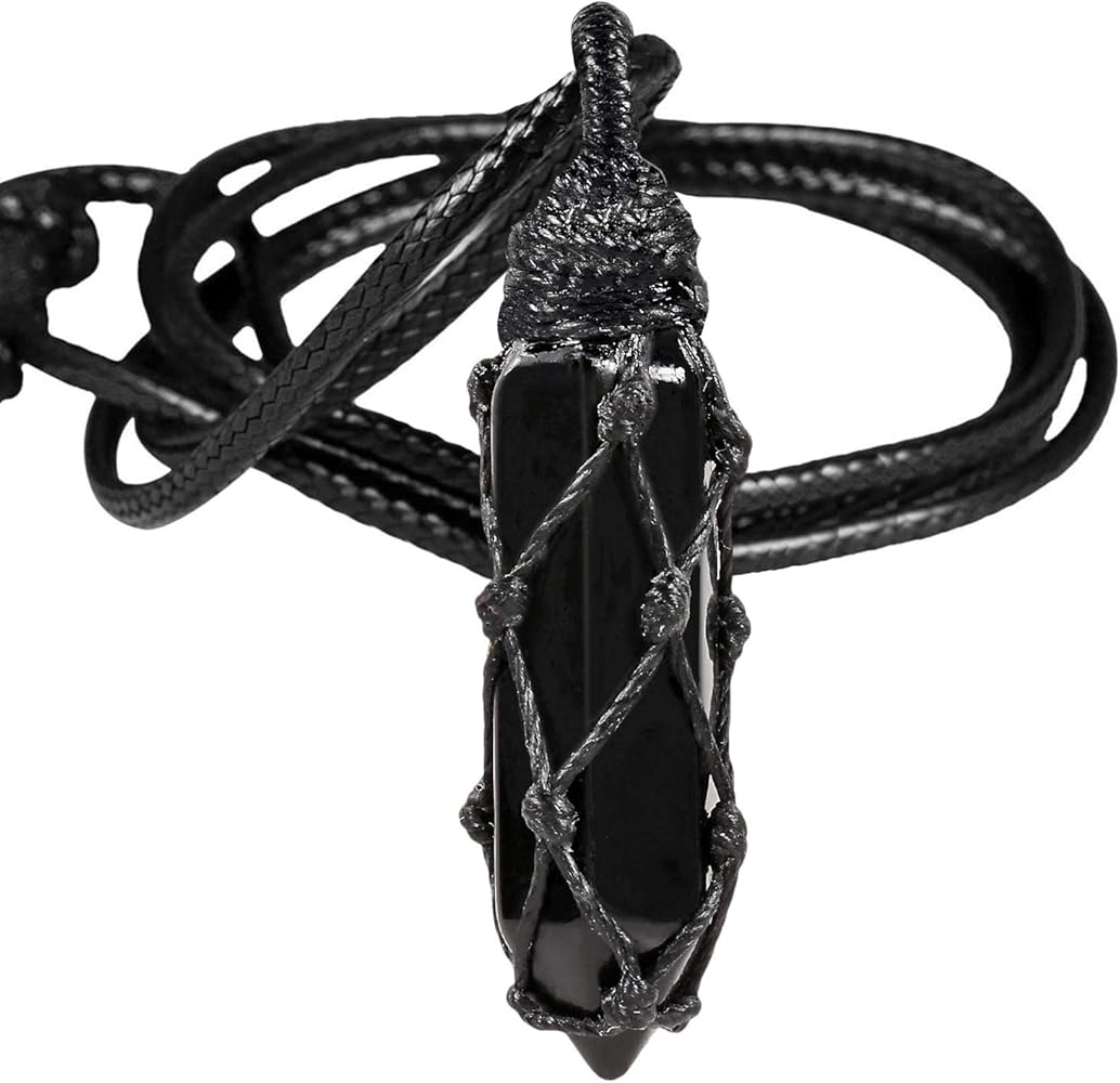 TUMBEELLUWA Hexagonal Crystal Points Pendant Necklace for Unisex Wrapped Stone Wand Pendant with Adjustable Cord