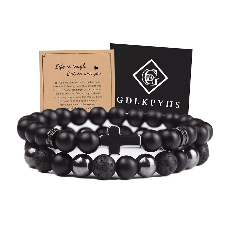 Black Obsidian Bracelet - Cross Bracelet - Tourmaline Beaded Bracelets, 8MM Black Onyx Hematite Lava Stone Beads Triple Protection Bracelet for Men Women Gifts