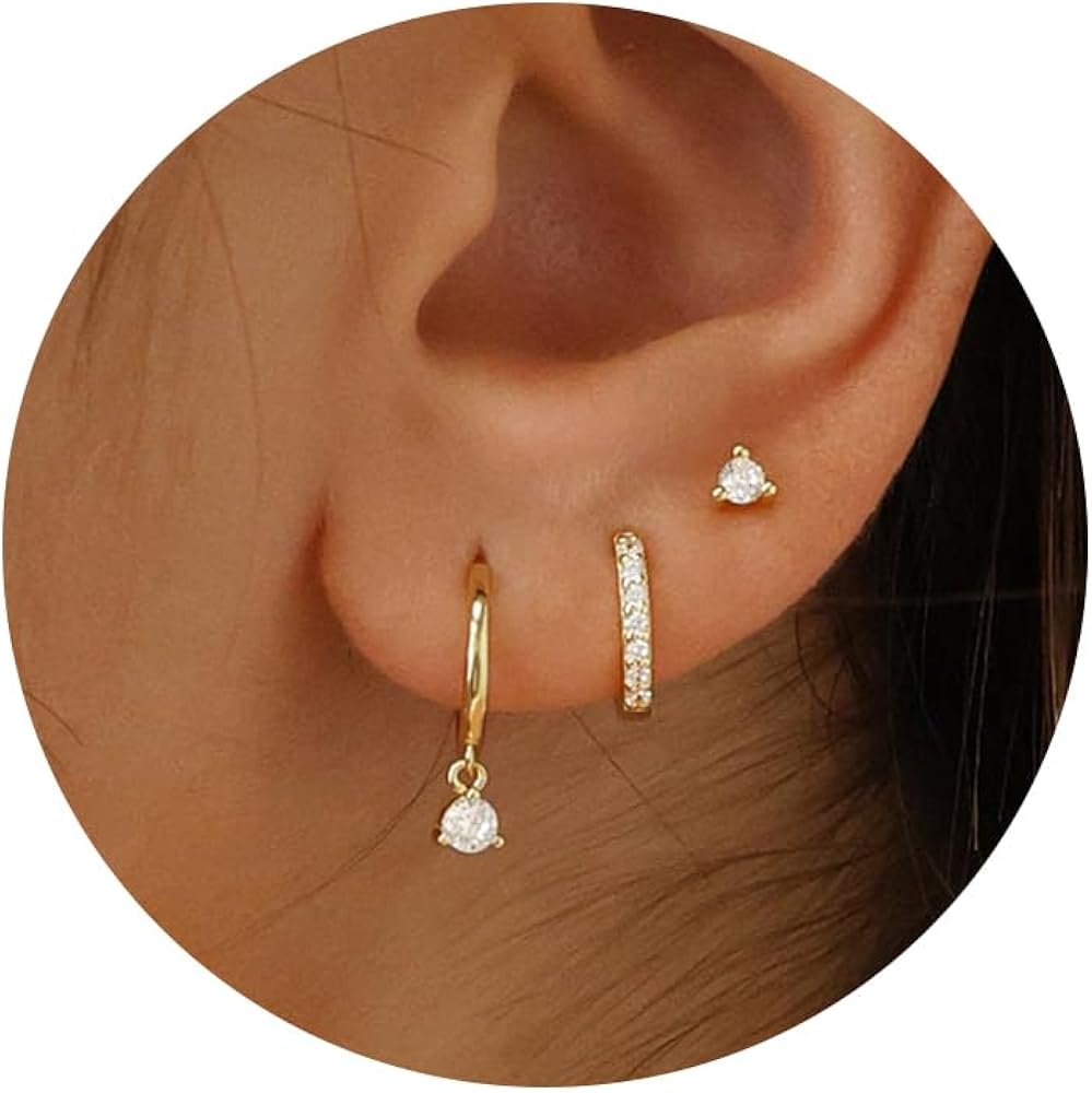 3 Pairs Gold Hoop Earrings Set: Dainty Stud Earrings Trendy Small 14K Gold Plated Hypoallergenic Dangle Cartilage Huggie Hoop Earrings for Women Gold Jewelry for Women Girls Gifts