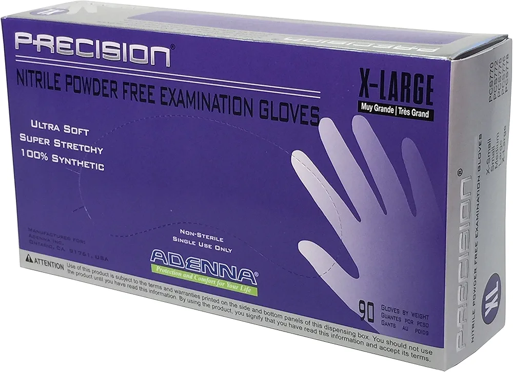 Adenna PCS778 Precision 4 Mil Powder-Free Nitrile Exam Gloves, Medical Grade, Blue-Violet, X-Large, Box of 90