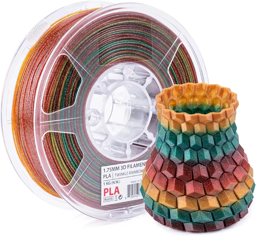 INLAND Micro Center Glitter PLA 3D Printer Filament 1.75mm - Red, Purple, Yellow, Green Rainbow Glittery, Sparkly Filament, Dimensional Accuracy +/- 0.03 mm - 1 kg Spool (2.2 lbs)
